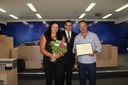 Ver. Marcos Sansão e os homenageados Geraldo Bastos Filho e Jacqueline Teixeira Martins Bastor